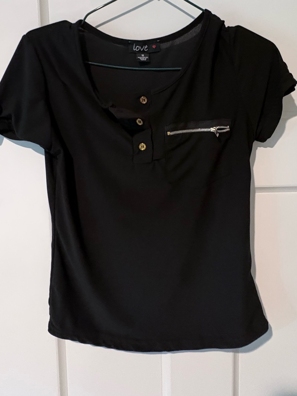 Love Black Short Sleeve Henley Tee with Zip Chest Pocket